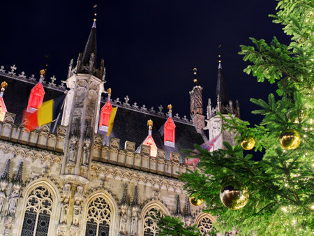 Burg square town hall Christmas tree, Bruges, Belgiumの写真素材