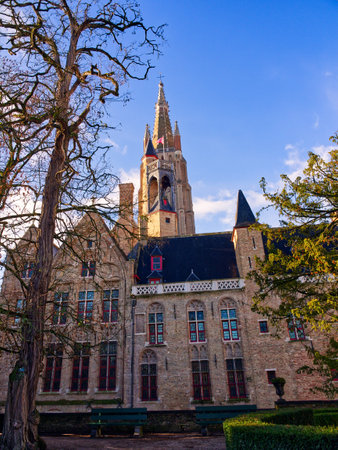 Church of Our Lady in golden hour, Bruges, Belgiumの写真素材