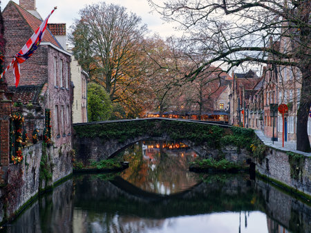 Idyllic canal view with bridge. Bruges, Belgiumの写真素材