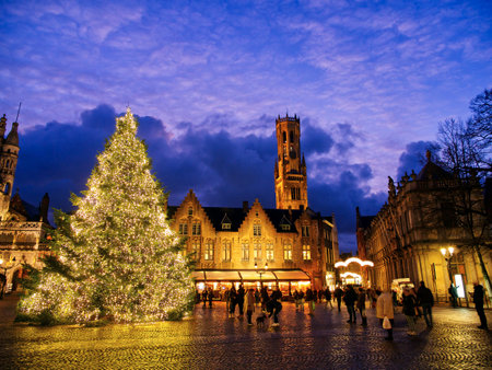 Burg square with Christmas tree, Bruges, Belgiumの写真素材