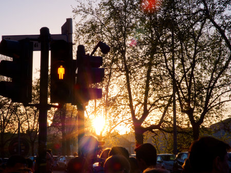 Red pedestrian traffic light sunset. Rome, Italyの写真素材