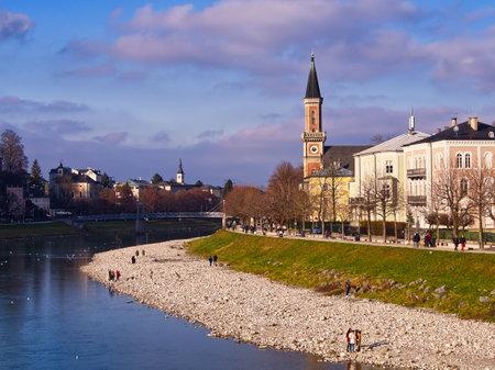 Salzach River side in Salzburg, Austriaの写真素材