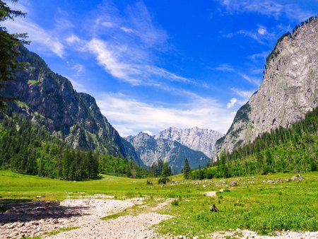 Background valley and mountains view in daylightの写真素材
