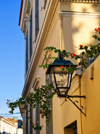 Traditional building facades in Plaka, Athens, Greeceの写真素材