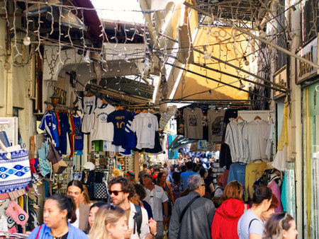 Plaka shopping street full of people, Athens, Greeceのeditorial素材