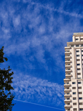 Urban building with skyline city view in blue skyの写真素材