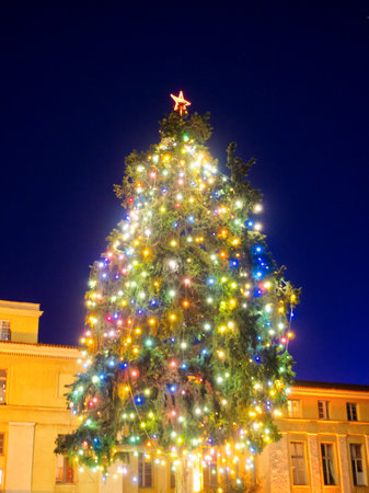 Large Christmas tree full of Christmas lightsの写真素材