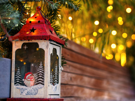 Christmas santa claus lantern with yellow lights in the backgroundの写真素材