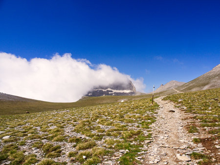 Footpath trail hiking in mountain peak, Mountain Olympus, Greeceの写真素材