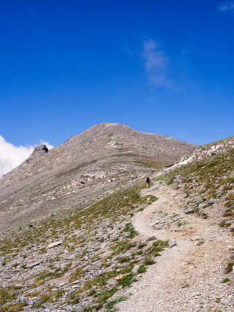 Footpath trail hiking in mountain peak, Mountain Olympus, Greeceの写真素材
