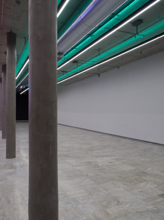 Empty modern hall with neon lights. High quality photoの写真素材