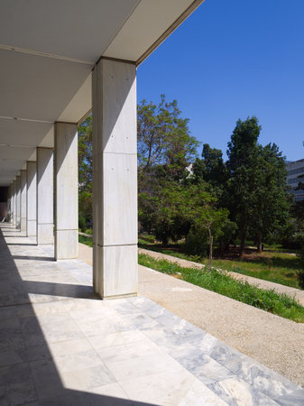 Corridor colonnade in a row diminishing perspective in a sunny dayの写真素材