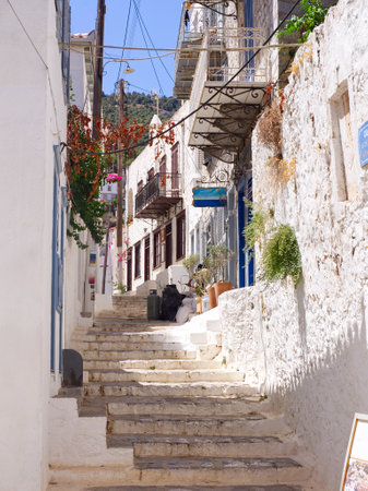 Picturesque Hydra alleys in sunny day, Saronic Gulf, Greeceの写真素材