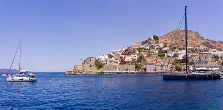 Sea and sailing boats view at Hydra island, Saronic Gulf, Greeceの写真素材