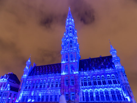 Brussels Grand Place City Museum majestic view illuminated in blue lights during Christmas at nightの写真素材