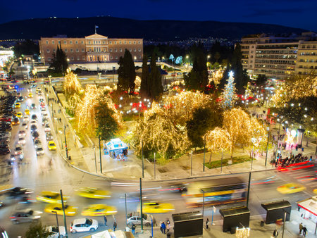 Aerial view of illuminated Syntagma Square in Athens during Christmas seasonの写真素材