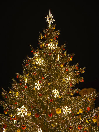 Brilliantly lit Christmas tree with golden ornaments, red baubles, and illuminated snowflakes in Prague town square.の写真素材