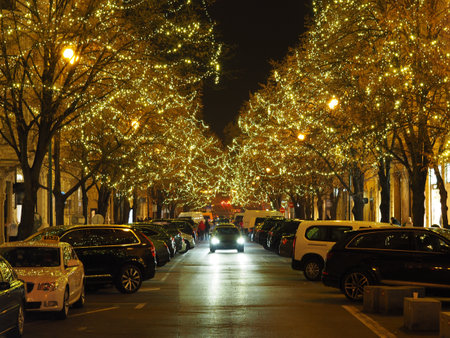 Urban street lined with trees adorned in golden Christmas lights, parked cars on both sidesの写真素材
