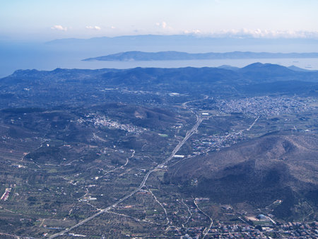 Panoramic aerial view of a coastal urban area surrounded by mountains and sea. Mesogeia, Attiki, Greeceの写真素材