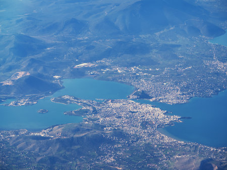 Panoramic aerial view of Chalkis urban area with mountains, islands, and blue waters. Euboea, Greeceの写真素材