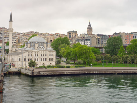 View of Istanbul skyline with historic mosque, Galata Tower, and Bosphorus waterfront on a cloudy dayの写真素材