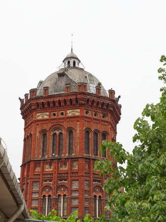Historic octagonal red brick tower of Private Fener Greek High School. Instabul, Turkeyの写真素材