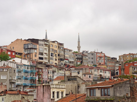 Dense urban landscape of colorful buildings in Istanbul, Turkey, with mosque minarets visible above rooftopsの写真素材