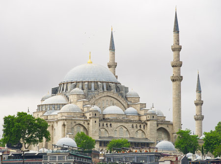 Iconic Ottoman-era mosque with multiple domes and minarets, surrounded by trees in Istanbul, Turkeyの写真素材