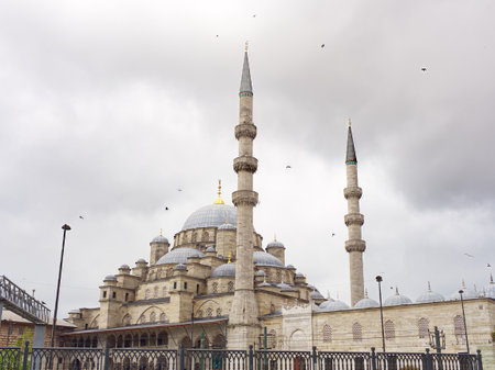 Grand mosque with multiple domes and tall minarets against a cloudy sky, likely in Istanbulの写真素材