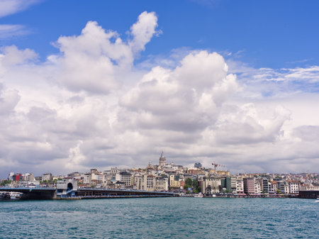 Panoramic view of Istanbuls historic skyline with Galata Tower, seen across the Bosphorus straitの写真素材