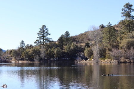 Upper Goldwater Lake outside of Prescott, Arizona, on a cold February afternoon.の写真素材