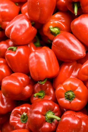 A pile of red peppers sitting in a box out in the sun.の写真素材