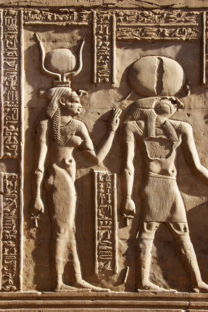 Isis and horus stone carvings in Egyptの写真素材