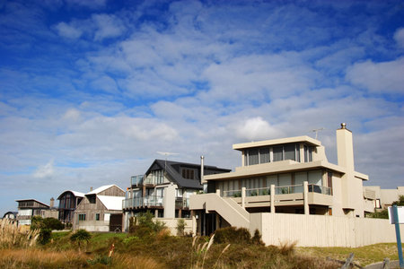 modern beach homes on a sunny day