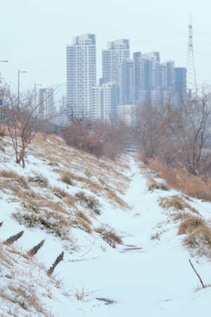 Snow on a path and stairs in a park of Seoul with some buildings on the backgroundの写真素材
