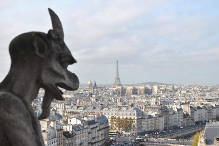Gargoyle of Notre Dame Cathedral, with the city of Paris in the background, France.の写真素材