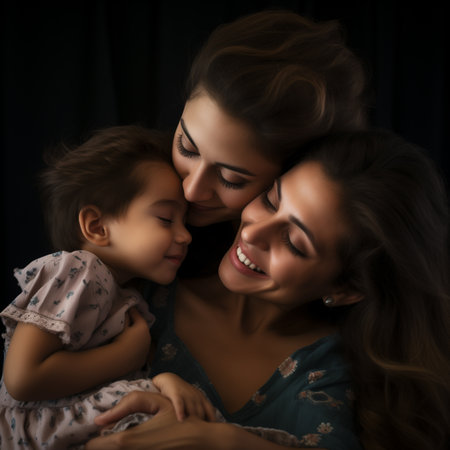 Happy Mother's Day. Close-up of two women and a girl smiling and hugging. Generative AIの素材