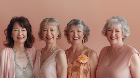 Group of senior women in elegant dresses posing together on pink background.の素材