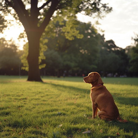 Labrador Retriever dog sitting in the park at sunset.の素材