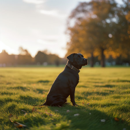 Cute black dog sitting on the grass in the park at sunsetの素材
