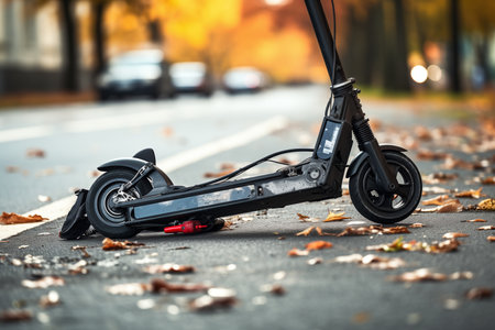 Electric scooter on the road in the city at autumn evening.の素材