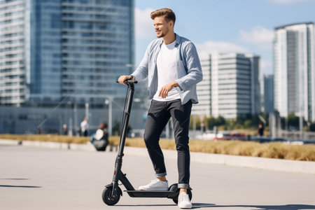 Handsome young man in casual wear riding electric scooter in the cityの素材