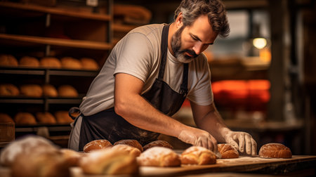 Artisan Baker Arranging Fresh Bread in Bakeryの素材