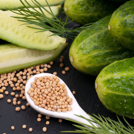 Fresh gherkins and mustard seedの写真素材