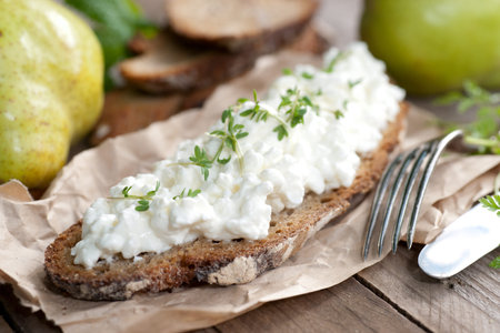 Bread with white cheeseの写真素材