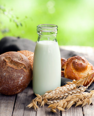 Milk, rolls and grainの写真素材