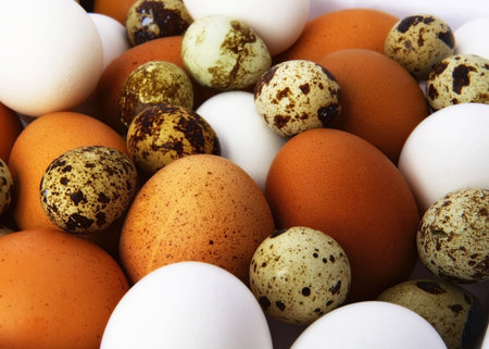 Various eggs on color are spread out alternatelyの写真素材