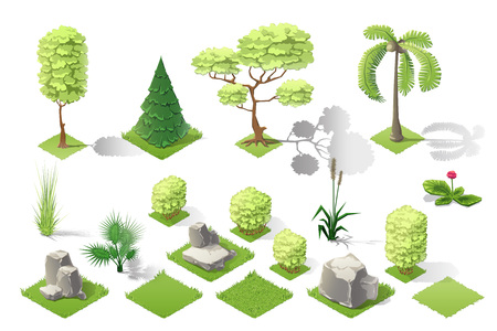 Isometric plants and grass, stones, trees with transparent shadow for landscape game designのイラスト素材
