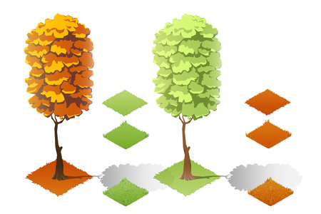 Isometric plants and grass, stones, trees with transparent shadow for landscape game designのイラスト素材