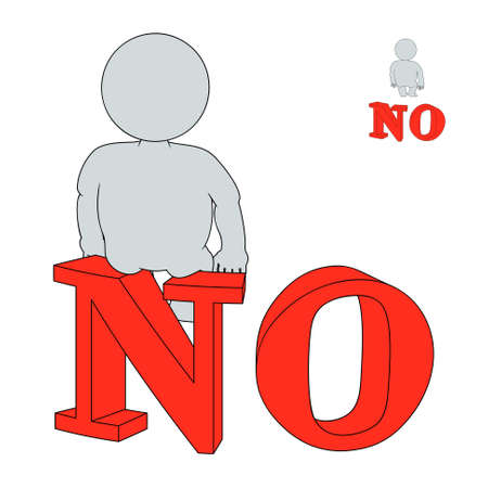 3d man sitting on the word  No  on a white backgroundのイラスト素材